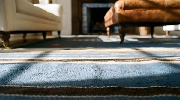 Antique tribal chimayo mexico geometric medallion flat weave kilim rug 8 Antique tribal chimayo mexico geometric medallion flat weave kilim rug (sku 23785) - in-room detail