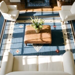 Antique Tribal Chimayo Mexico Geometric Medallion Flat Weave Kilim Rug (SKU 23785) - styled overhead view