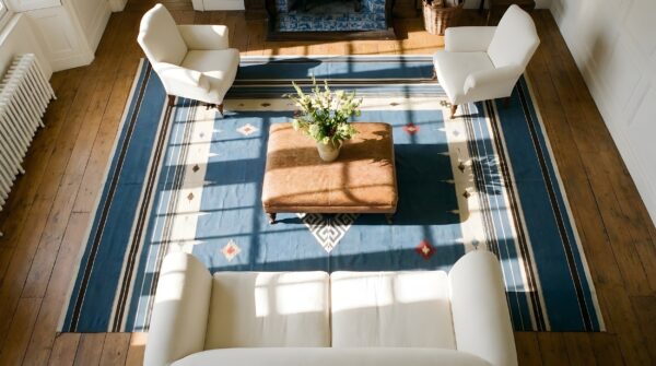 Antique tribal chimayo mexico geometric medallion flat weave kilim rug 2 Antique tribal chimayo mexico geometric medallion flat weave kilim rug (sku 23785) - styled overhead view