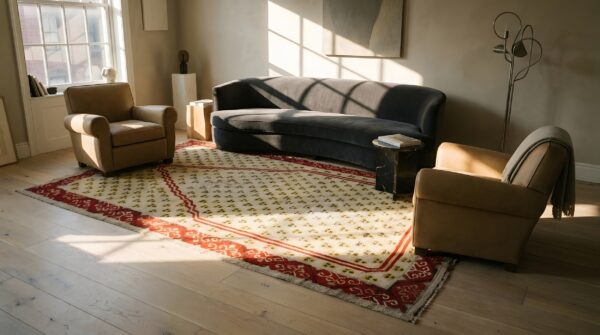 Antique tribal cintamani design turkish ghiordes islamic prayer rug 10 Antique tribal cintamani design turkish ghiordes islamic prayer rug (sku 25636) - room view