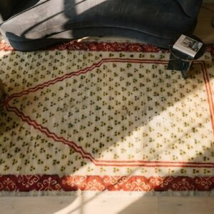 Antique Tribal Cintamani Design Turkish Ghiordes Islamic Prayer Rug (SKU 25636) - styled overhead view
