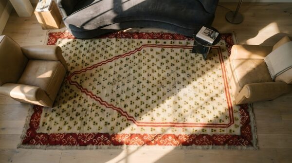 Antique tribal cintamani design turkish ghiordes islamic prayer rug 2 Antique tribal cintamani design turkish ghiordes islamic prayer rug (sku 25636) - styled overhead view