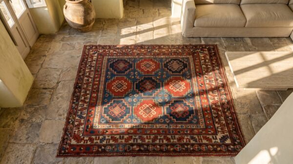 Antique tribal coral caucasian late 19th century shirvan rug 7 Antique tribal coral caucasian late 19th century shirvan rug (sku 18665) - in-room detail
