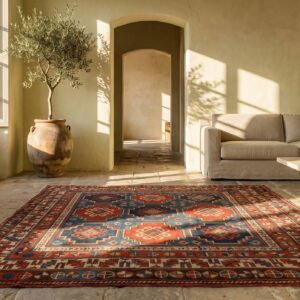 Antique Tribal Coral Caucasian Late 19th Century Shirvan Rug (SKU 18665) - styled overhead view