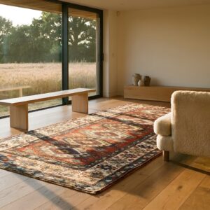 Antique Tribal Coral Caucasian Rustic Geometric Kazak Rug (SKU 24359) - room view