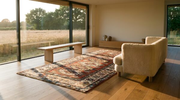 Antique tribal coral caucasian rustic geometric kazak rug (sku 24359) - styled overhead view