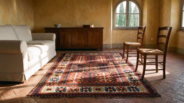 Tribal design red late 19th century antique caucasian kazak rug 8 Tribal design red late 19th century antique caucasian kazak rug (sku 25521) - room view