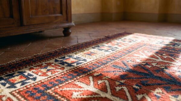 Tribal design red late 19th century antique caucasian kazak rug 9 Tribal design red late 19th century antique caucasian kazak rug (sku 25521) - in-room detail