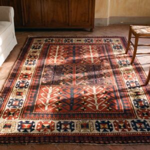 Tribal Design Red Late 19th Century Antique Caucasian Kazak Rug (SKU 25521) - styled overhead view