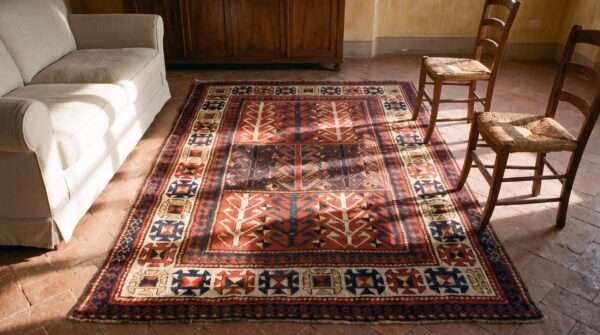 Tribal design red late 19th century antique caucasian kazak rug 2 Tribal design red late 19th century antique caucasian kazak rug (sku 25521) - styled overhead view