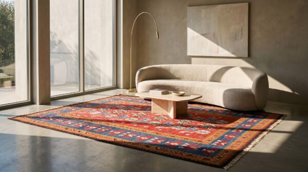 Tribal floral design coral antique flat woven turkish room size kilim rug 7 Tribal floral design coral antique flat woven turkish room size kilim rug (sku 22016) - room view