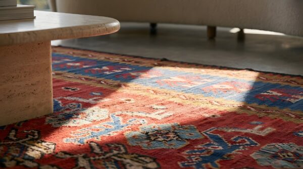 Tribal floral design coral antique flat woven turkish room size kilim rug 8 Tribal floral design coral antique flat woven turkish room size kilim rug (sku 22016) - in-room detail