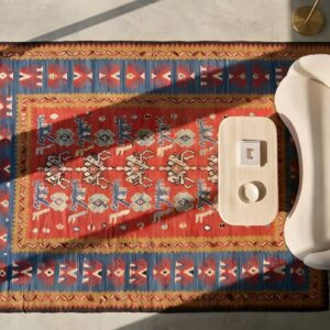 Tribal Floral Design Coral Antique Flat Woven Turkish Room Size Kilim Rug (SKU 22016) - styled overhead view