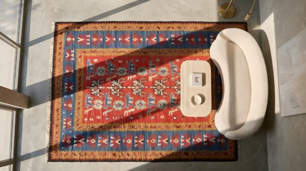Tribal floral design coral antique flat woven turkish room size kilim rug 2 Tribal floral design coral antique flat woven turkish room size kilim rug (sku 22016) - styled overhead view