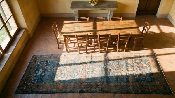 Tribal floral garous design antique light blue persian malayer wide hall runner rug 2 Tribal floral garous design antique light blue persian malayer wide hall runner rug (sku 25578) - styled overhead view
