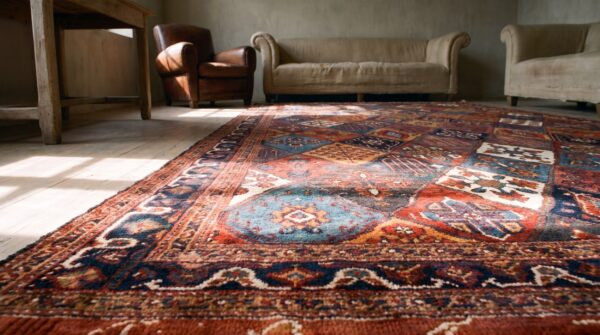 Antique tribal garden design persian 19th century bakhtiari rug 8 Antique tribal garden design persian 19th century bakhtiari rug (sku 19333) - in-room detail