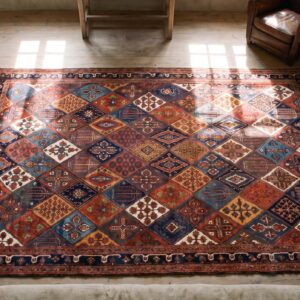 Antique Tribal Garden Design Persian 19th Century Bakhtiari Rug (SKU 19333) - styled overhead view