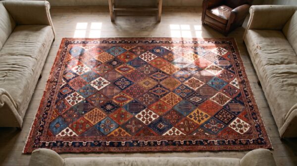 Antique tribal garden design persian 19th century bakhtiari rug 2 Antique tribal garden design persian 19th century bakhtiari rug (sku 19333) - styled overhead view
