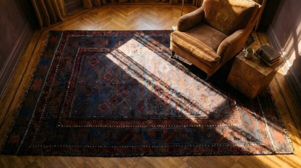 Tribal geometric antique afghan baluch late 19th century rug 2 Tribal geometric antique afghan baluch late 19th century rug (sku 25403) - styled overhead view