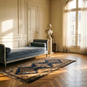 Tribal Geometric Bird Design Antique Blue Scatter Size Persian Malayer Rug (SKU 23578) - room view