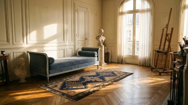 Tribal geometric bird design antique blue scatter size persian malayer rug 7 Tribal geometric bird design antique blue scatter size persian malayer rug (sku 23578) - room view
