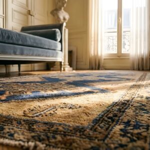 Tribal Geometric Bird Design Antique Blue Scatter Size Persian Malayer Rug (SKU 23578) - in-room detail