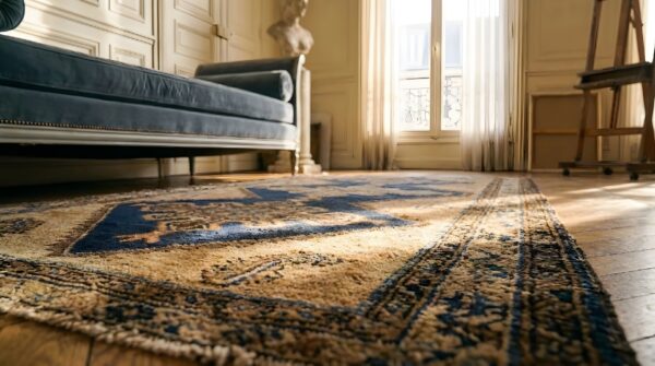 Tribal geometric bird design antique blue scatter size persian malayer rug 8 Tribal geometric bird design antique blue scatter size persian malayer rug (sku 23578) - in-room detail