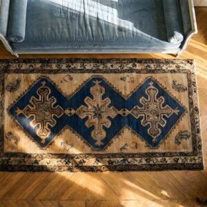 Tribal Geometric Bird Design Antique Blue Scatter Size Persian Malayer Rug (SKU 23578) - styled overhead view