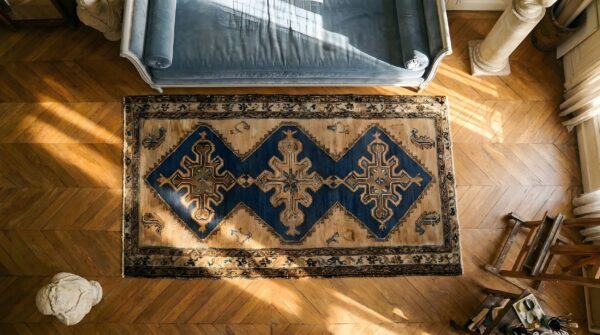 Tribal geometric bird design antique blue scatter size persian malayer rug 2 Tribal geometric bird design antique blue scatter size persian malayer rug (sku 23578) - styled overhead view