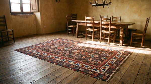Tribal geometric brown earth tone antique small late 19th century caucasus kazak rug 14 Tribal geometric brown earth tone antique small late 19th century caucasus kazak rug (sku 18806) - room view