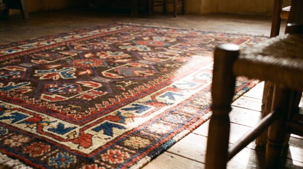 Tribal geometric brown earth tone antique small late 19th century caucasus kazak rug 15 Tribal geometric brown earth tone antique small late 19th century caucasus kazak rug (sku 18806) - in-room detail