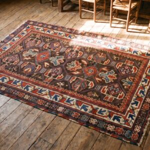 Tribal Geometric Brown Earth Tone Antique Small Late 19th Century Caucasus Kazak Rug (SKU 18806) - styled overhead view