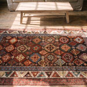 Antique Tribal Geometric Caucasian Chi Chi Wool Pile 19th Century Rug (SKU 20308) - styled overhead view