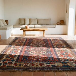 Tribal Geometric Colorful Jewel Tone Antique Caucasian Kazak Rug (SKU 19277) - room view