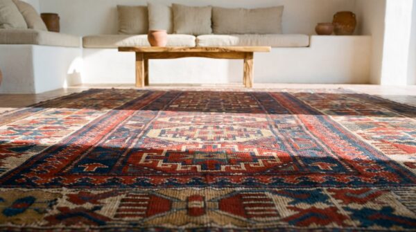 Tribal geometric colorful jewel tone antique caucasian kazak rug 8 Tribal geometric colorful jewel tone antique caucasian kazak rug (sku 19277) - in-room detail