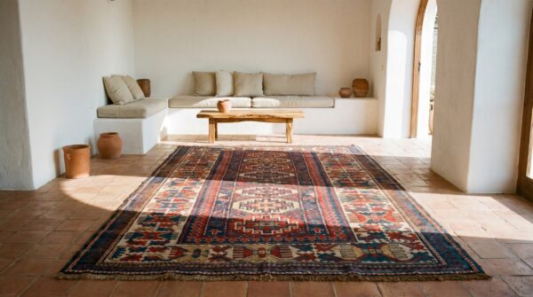 Tribal geometric colorful jewel tone antique caucasian kazak rug 2 Tribal geometric colorful jewel tone antique caucasian kazak rug (sku 19277) - styled overhead view