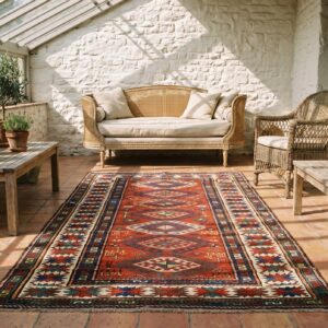 Antique Tribal Geometric Coral Caucasian Kazak Rug (SKU 18390) - room view