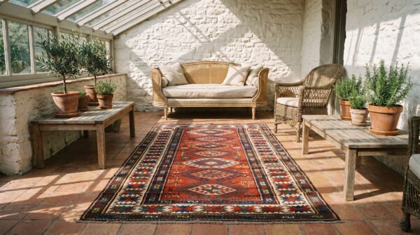 Antique tribal geometric coral caucasian kazak rug (sku 18390) - room view