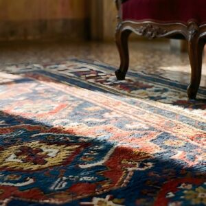 Antique Tribal Geometric Crab Design Border Caucasian Kuba Rug (SKU 24957) - in-room detail