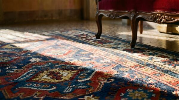Antique tribal geometric crab design border caucasian kuba rug 11 Antique tribal geometric crab design border caucasian kuba rug (sku 24957) - in-room detail