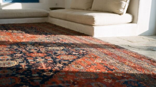 Antique tribal geometric design jewel tone color antique persian bidjar rug 6 Antique tribal geometric design jewel tone color antique persian bidjar rug (sku 20339) - in-room detail