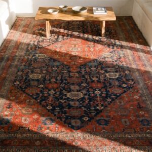 Antique Tribal Geometric Design Jewel Tone Color Antique Persian Bidjar Rug (SKU 20339) - styled overhead view