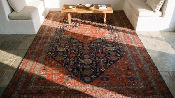 Antique tribal geometric design jewel tone color antique persian bidjar rug 2 Antique tribal geometric design jewel tone color antique persian bidjar rug (sku 20339) - styled overhead view