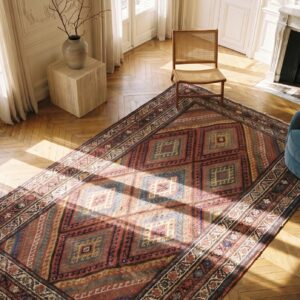 Tribal Geometric Diamond Pattern Antique Persian Kurdish Rug (SKU 18679) - styled overhead view