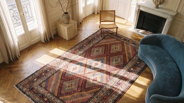 Tribal geometric diamond pattern antique persian kurdish rug 2 Tribal geometric diamond pattern antique persian kurdish rug (sku 18679) - styled overhead view