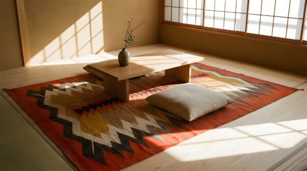 Tribal geometric antique flatweave native american wool navajo rug 10 Tribal geometric antique flatweave native american wool navajo rug (sku 24133) - room view