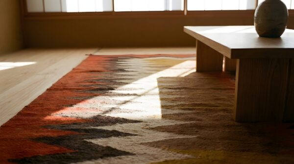 Tribal geometric antique flatweave native american wool navajo rug 11 Tribal geometric antique flatweave native american wool navajo rug (sku 24133) - in-room detail