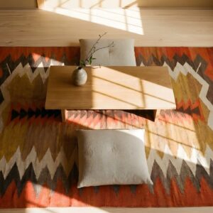 Tribal Geometric Antique Flatweave Native American Wool Navajo Rug (SKU 24133) - styled overhead view