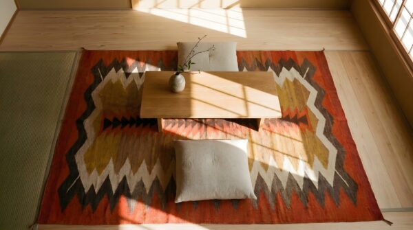 Tribal geometric antique flatweave native american wool navajo rug 2 Tribal geometric antique flatweave native american wool navajo rug (sku 24133) - styled overhead view