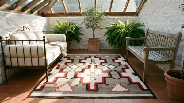 Tribal geometric antique flatwoven native american navajo kilim rug 6 Tribal geometric antique flatwoven native american navajo kilim rug (sku 23815) - room view